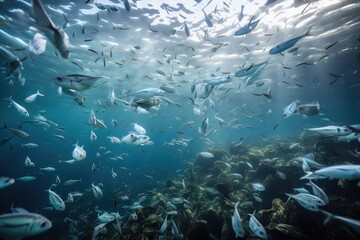 Fototapeta na wymiar microplastic pollution in the ocean, with fish swimming among plastic particles, created with generative ai