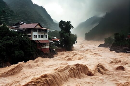 Tropical Cyclone With Intense Rainfall, Causing Flash Floods And Landslides, Created With Generative Ai