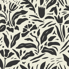 Hand drawn abstract floral seamless pattern. Collection with tropical leaves in dark color on a light background. Includes doodle elements.