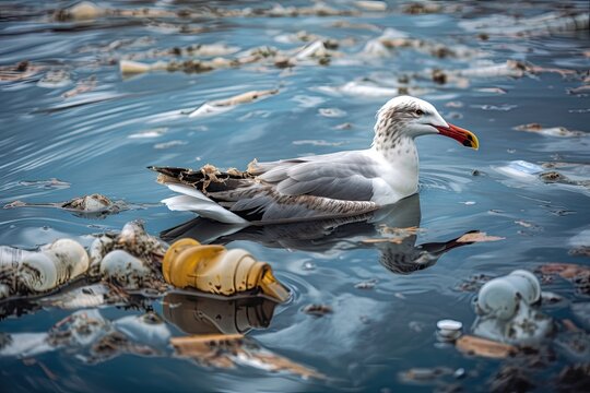 seagull swimming through plastic debris in ocean, created with generative ai