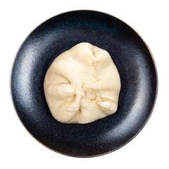 top view of Banh Bao steamed bun with chicken, vegetables, egg, mushrooms, funchose on plate cutout on white background
