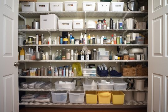 a well-organized and orderly closet filled with cleaning supplies, created with generative ai
