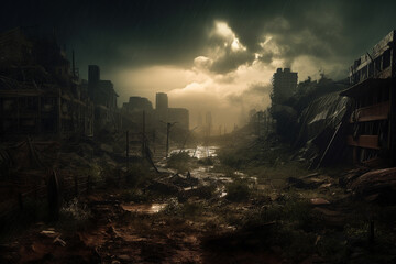 Fototapeta na wymiar A dark and polluted cityscape, conceptual illustration. Generative AI