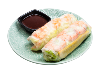vietnamese Goi Cuon spring rolls with rice noodles, shrimp, chicken and salad wrapped in rice paper on plate cutout on white background