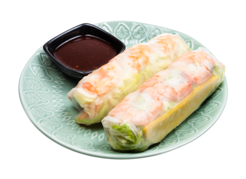 vietnamese Goi Cuon spring rolls with rice noodles, shrimp, chicken and salad wrapped in rice paper on plate cutout on white background