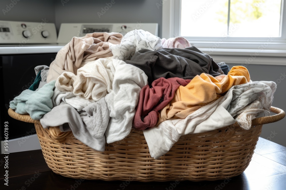 Canvas Prints laundry basket overflowing with freshly laundered linens, created with generative ai