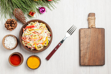 top view tasty chicken salad with seasonings on a white desk meat fresh meal snack salad