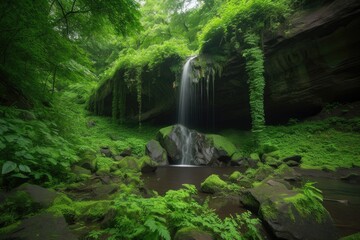 natural rock formation with waterfall, surrounded by lush greenery, created with generative ai