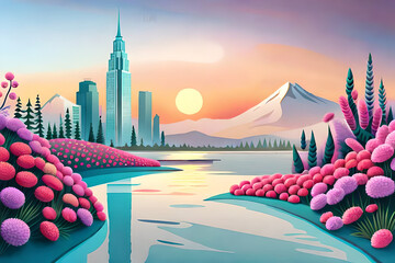 pastel color, 3d mural illustration wallpaper with flowers and circles