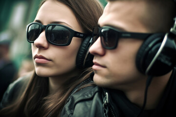 Naklejka premium Cool young couple attending an electronic music concert or listening to music. Generative AI