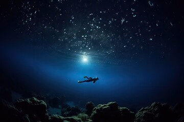 Obraz na płótnie Canvas night scuba dive, with stars and moon shining above, created with generative ai