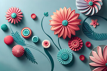pastel color, 3d mural illustration wallpaper with flowers and circles