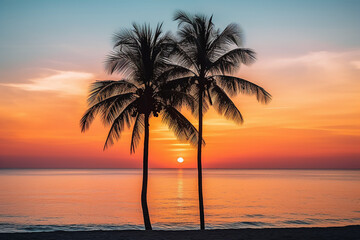 Plakat palm trees sunset on the beach, AI Generated