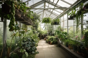 Fototapeta na wymiar greenhouse with hanging baskets and trailing plants, for tranquil and serene setting, created with generative ai