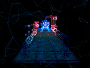 Industrial equipment electric oil valve and pump. 3d technology rendering