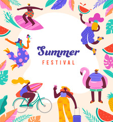 Summer festival, summer sale poster, modern style characters, people at summer. Swimming, traveling, surfing, making fun on beach and pool