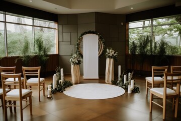 Fototapeta na wymiar ceremony setup with minimalist design and natural elements for a contemporary feel, created with generative ai