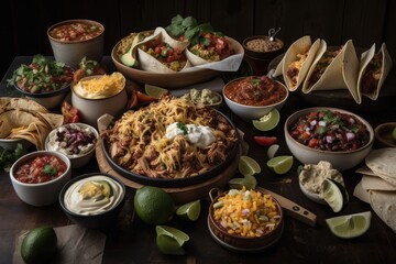 Fototapeta premium cluster of tacos, burritos, and nachos with various fillings and toppings, created with generative ai