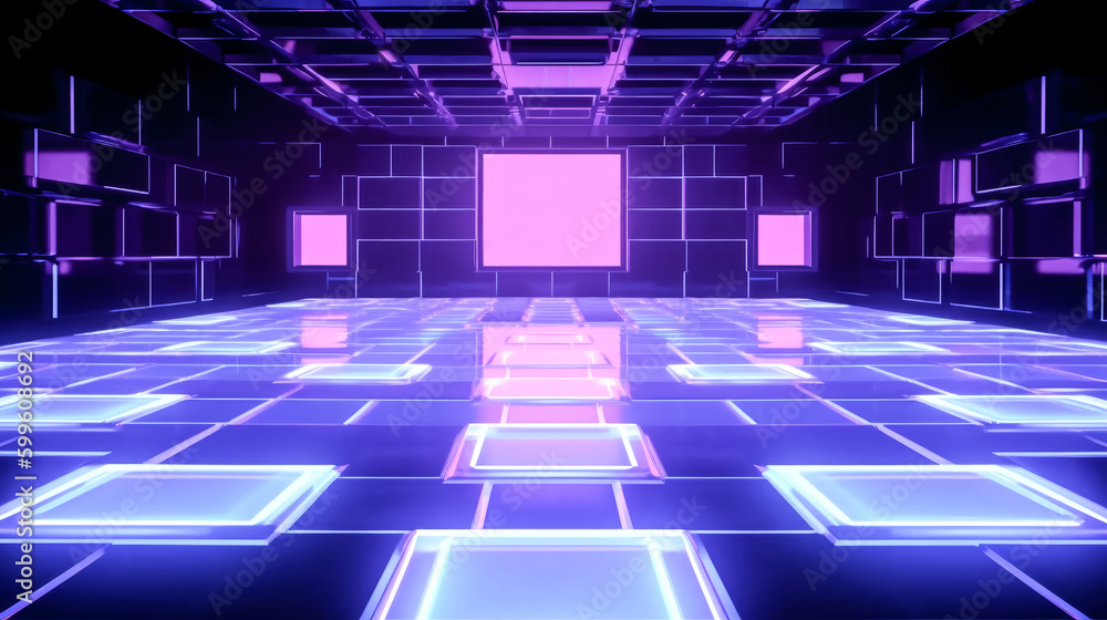 Poster an abstract violet blue neon background was created with a dark empty room.- generative ai