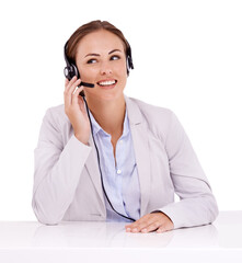 Isolated woman, call center and listen with smile, thinking or microphone by transparent png...