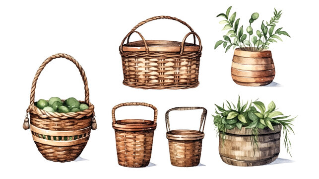 An image of a rustic wicker basket filled with watercolor illustrations was generated - generative ai.
