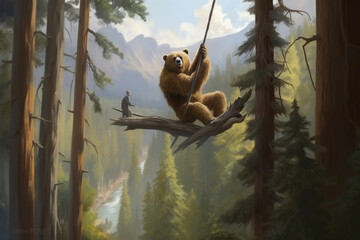 A bear in the jungle swinging. Generative AI