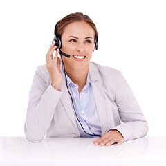 Call center, thinking and happy woman isolated on transparent, png background for online solution...
