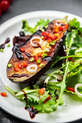 eggplant salad green leaves fried vegetable meal snack on the table copy space food background rustic top view