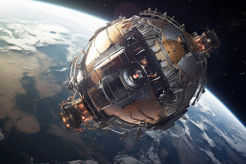 A spaceship orbiting a planet - space exploration concept. Generative AI