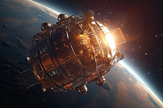 A spaceship orbiting a planet - space exploration concept. Generative AI