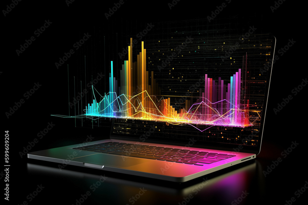 Poster conceptual illustration of a laptop displaying analytical data with colorful growth charts. generati