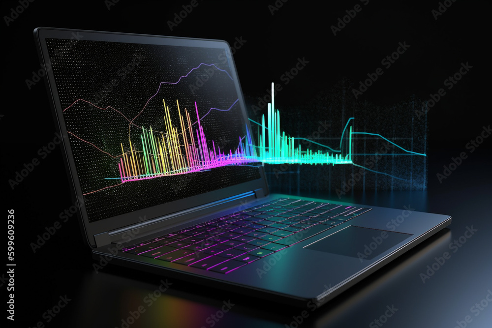 Poster conceptual illustration of a laptop displaying analytical data with colorful growth charts. generati