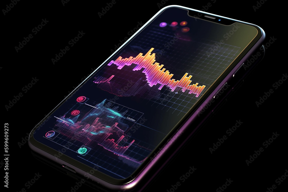 Poster conceptual illustration of a smartphone displaying analytical data with colorful growth charts. gene