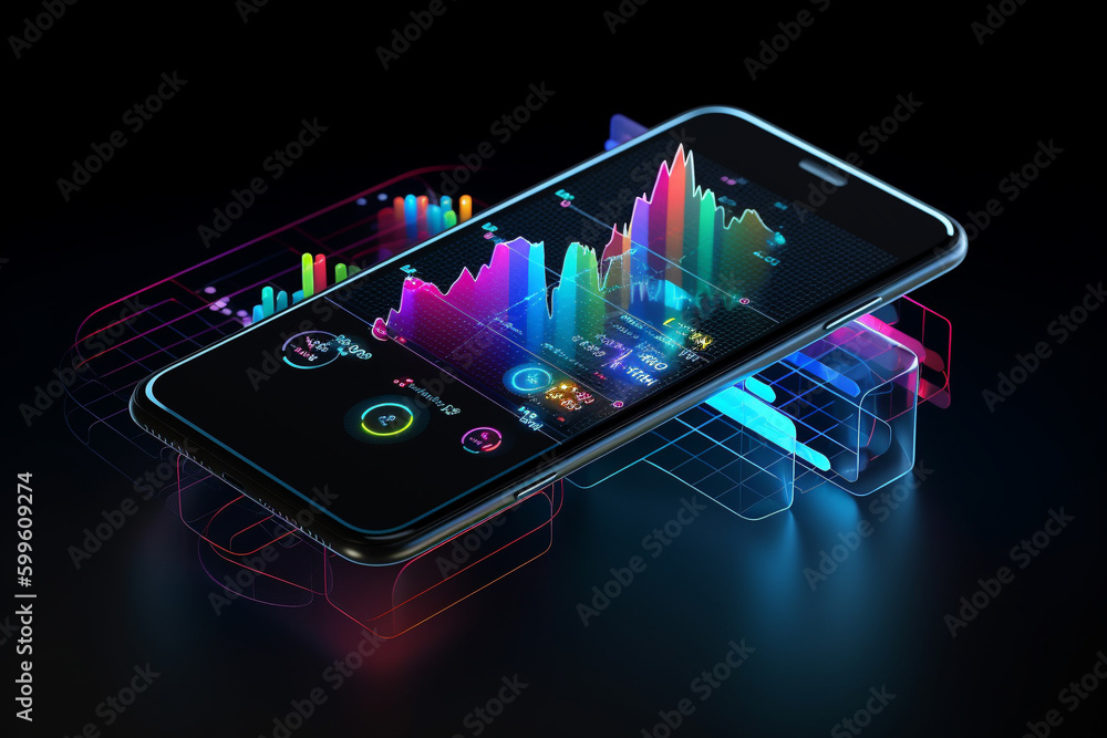 Poster conceptual illustration of a smartphone displaying analytical data with colorful growth charts. gene