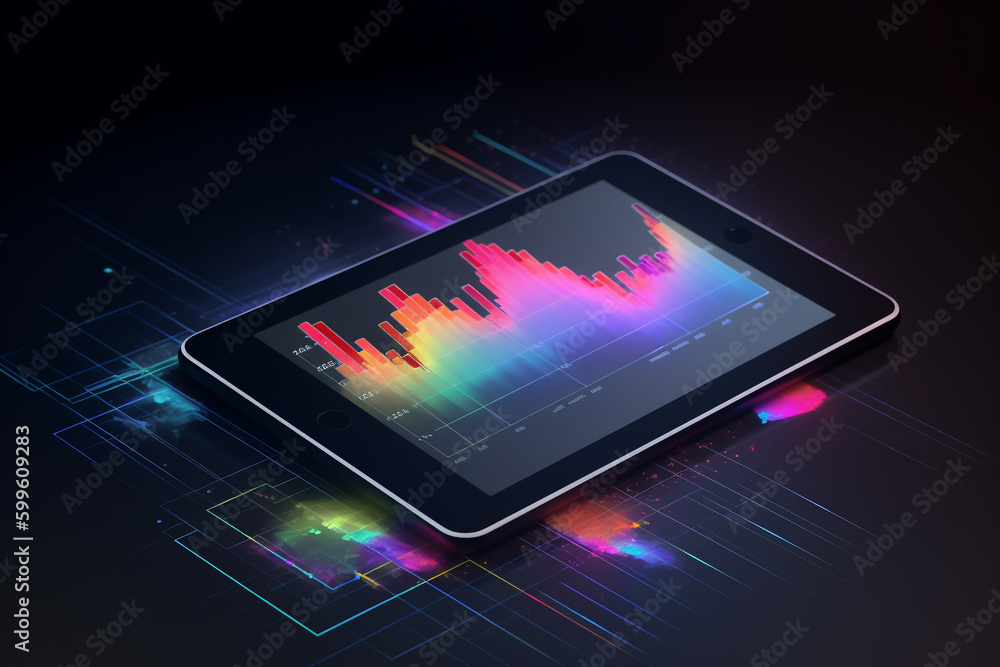 Poster conceptual illustration of a tablet displaying analytical data with colorful growth charts. generati
