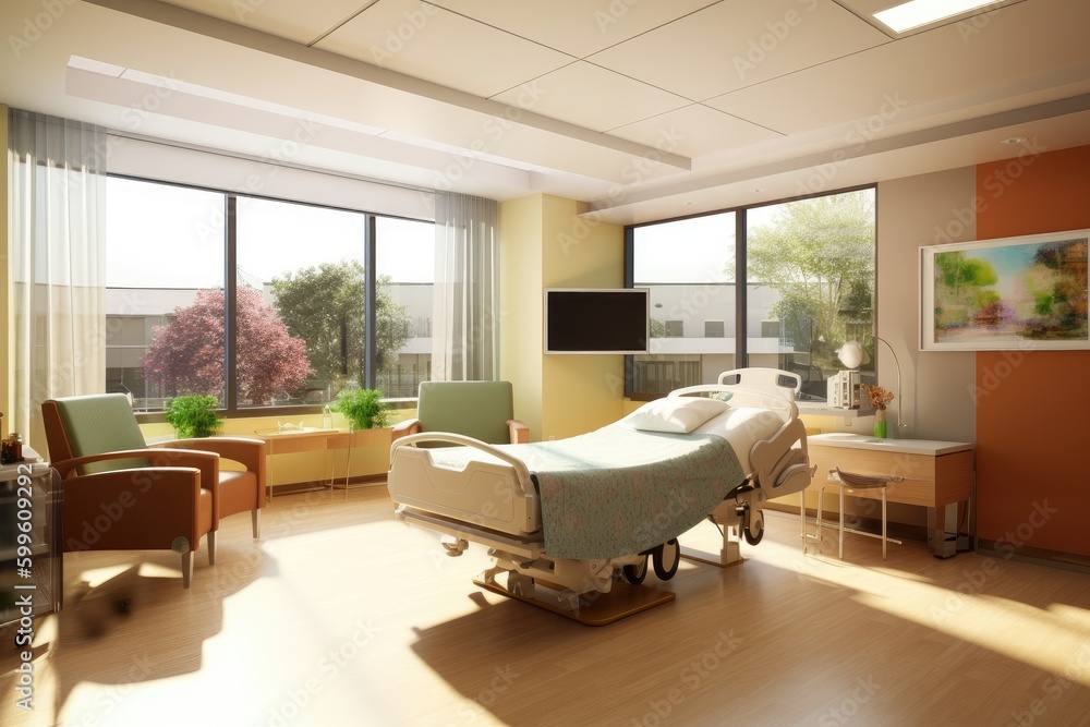 Poster modern hospital, with sleek furniture and natural light, providing comfortable and healing environment, created with generative ai