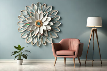 pastel color, 3d mural illustration wallpaper with flowers and circles in light gray background