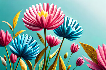 pastel color, 3d mural illustration wallpaper with flowers and circles
