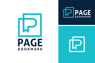 book initial letter P with page ribbon bookmark simple modern line logo design	
