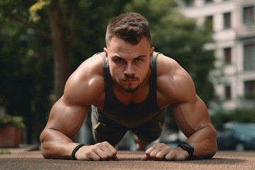 Athletic young man in sportswear doing pushups outside. Generative AI