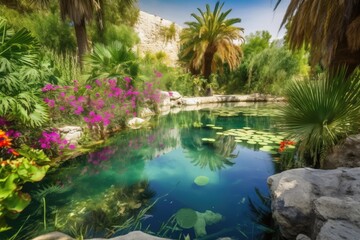 oasis with clear waters and colorful plants and flowers, created with generative ai