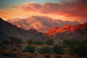 Naklejka na ściany i meble majestic mountain range standing guard over fiery canyon sunset, created with generative ai