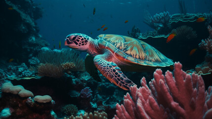 Fototapeta na wymiar A sea turtle swimming in a colorful coral reef Generative AI 