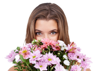 Obraz na płótnie Canvas Isolated woman, portrait and hide with flowers for present, gift or spring aesthetic by transparent png background. Girl, model or floral bouquet with hidden face on valentines day, birthday or event