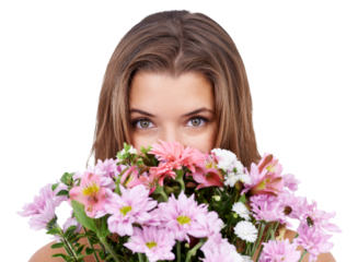 Isolated woman, portrait and hide with flowers for present, gift or spring aesthetic by transparent png background. Girl, model or floral bouquet with hidden face on valentines day, birthday or event