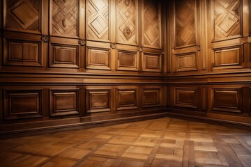 decorative tile or wooden paneling on tiled floor in wood-paneled room, created with generative ai