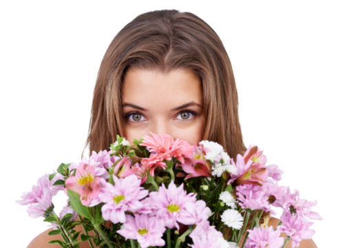 Isolated woman, portrait and hide with flowers for present, gift or spring aesthetic by transparent png background. Girl, model or floral bouquet with hidden face on valentines day, birthday or event