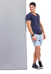 Smile, fashion and a man leaning on mockup while isolated against a transparent background for...