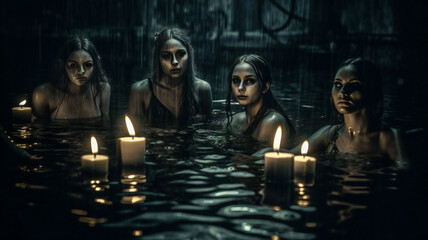 Fototapeta na wymiar Three women in a pool of water with candles, Halloween concept, Generative AI