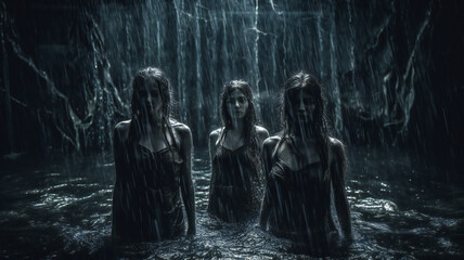 Fototapeta na wymiar Three women in the dark water of a waterfall, Generative AI